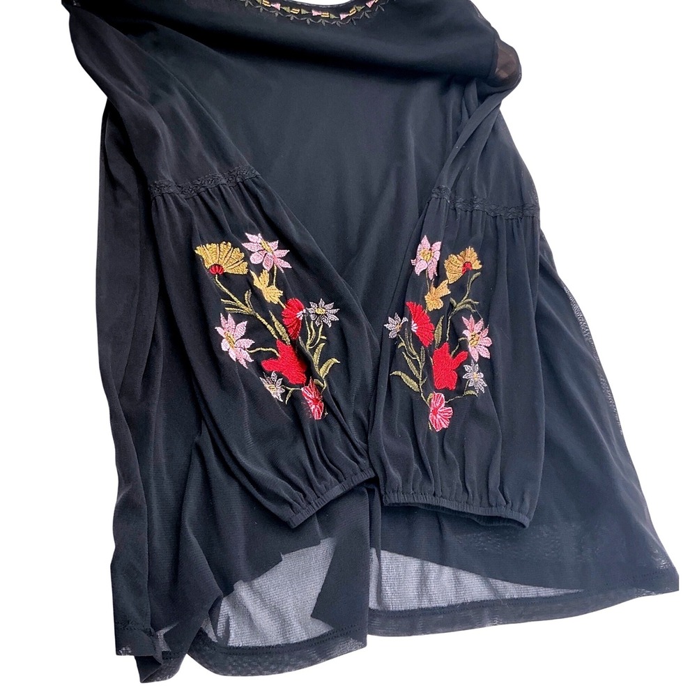 Style & Co Womens XL Black Floral Embroidered Mesh Boho Bell Sleeve Top Blouse - Picture 6 of 10
